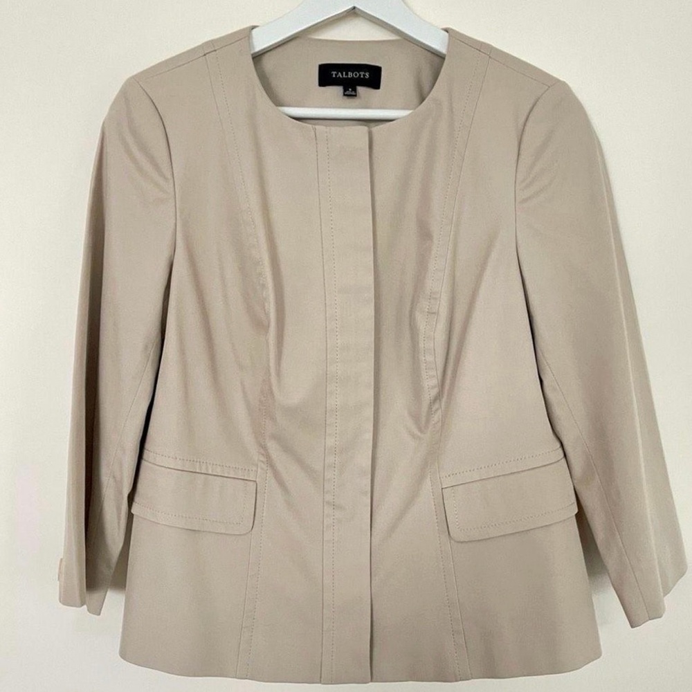 Talbots Womens Tan Beige Collarless Zip‎ Front Peplum Blazer Jacket Size 12
